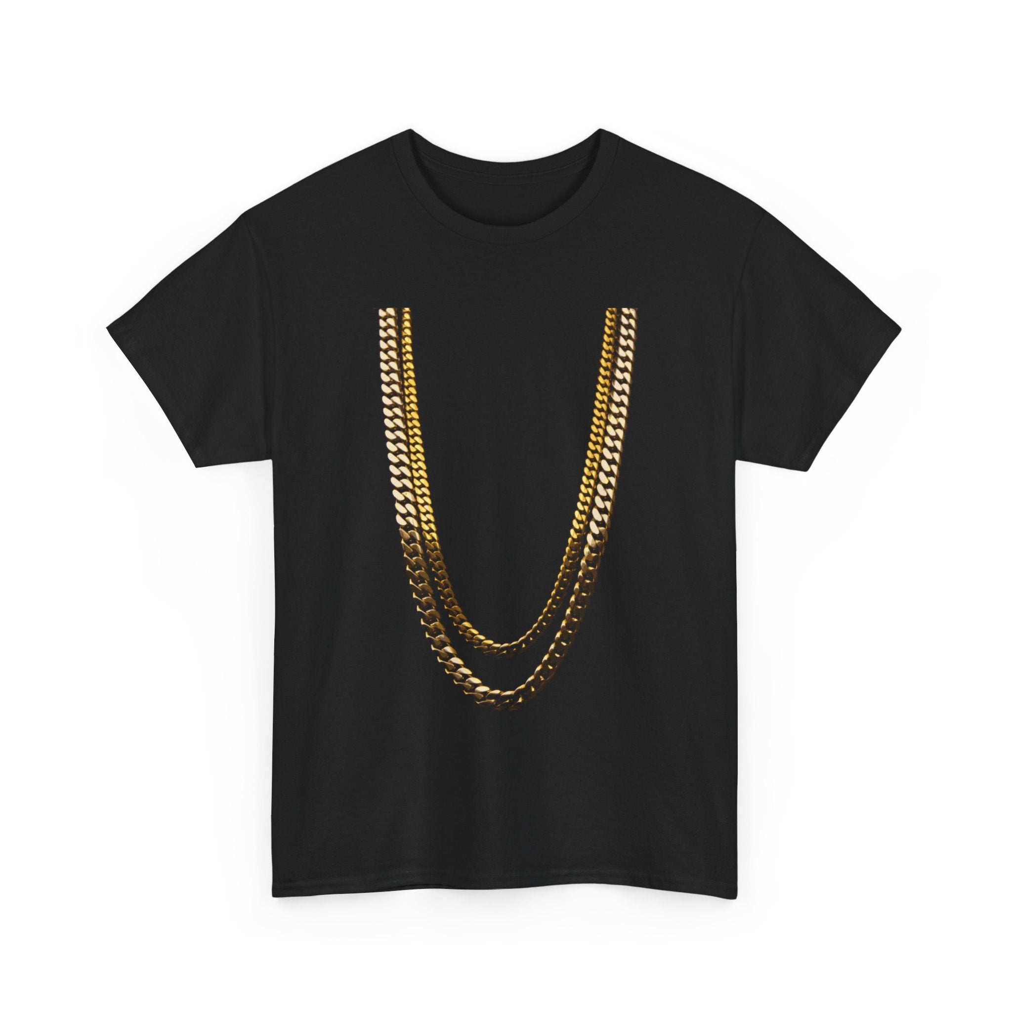 Gold Chain Graphic Tee — Black Shirt with Layered Necklace Design