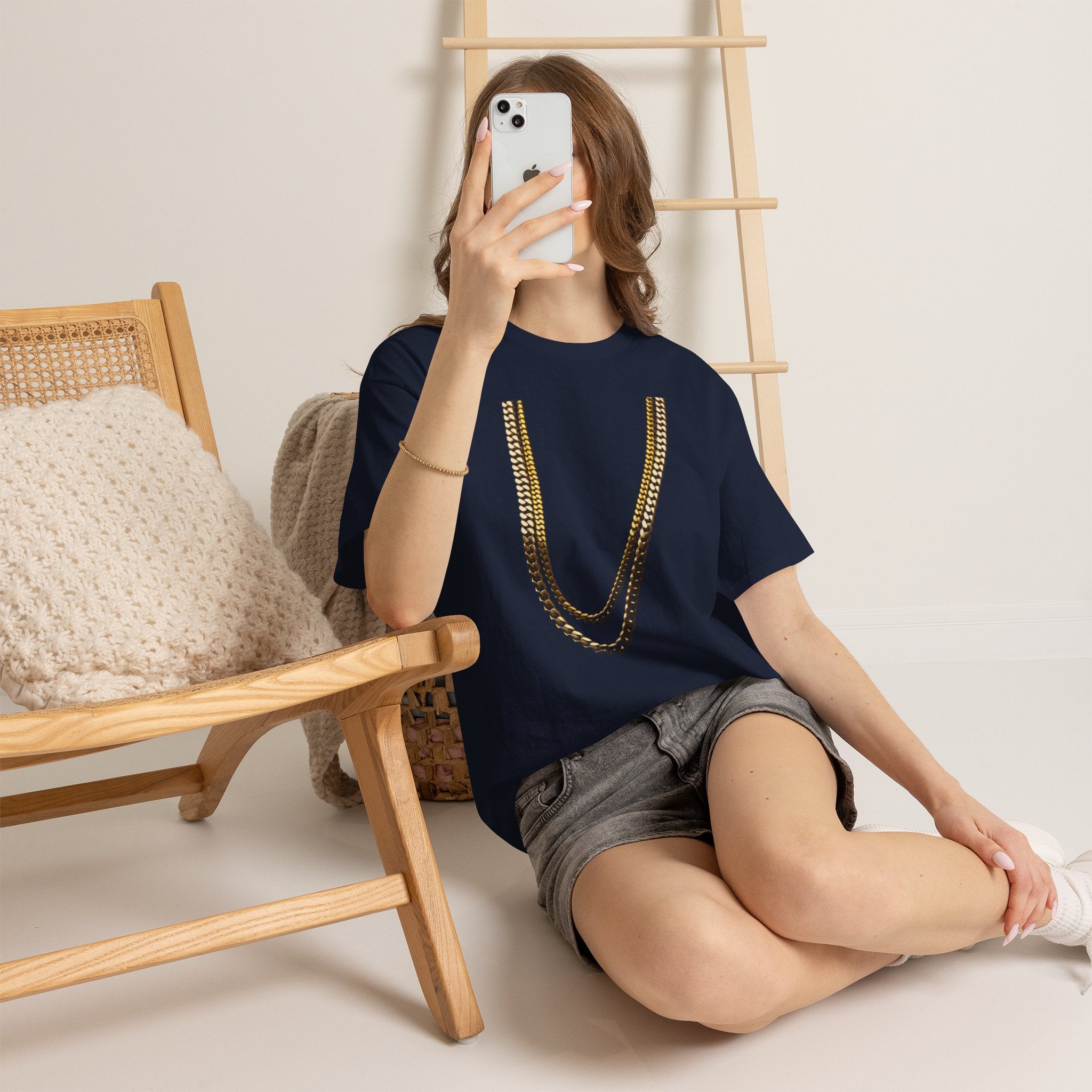 Gold Chain Graphic Tee — Black Shirt with Layered Necklace Design