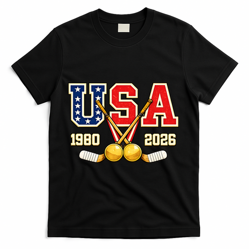 1980 And 2026 Hockey Vintage USA Champions T-Shirt - Black