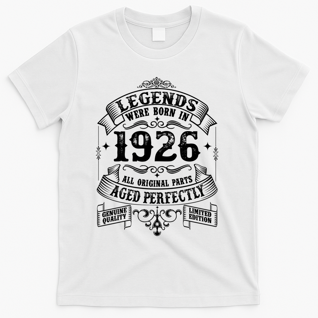 100th Birthday Vintage Scroll Border Legends Were Born Age Perfectly 1926 T-Shirt - White