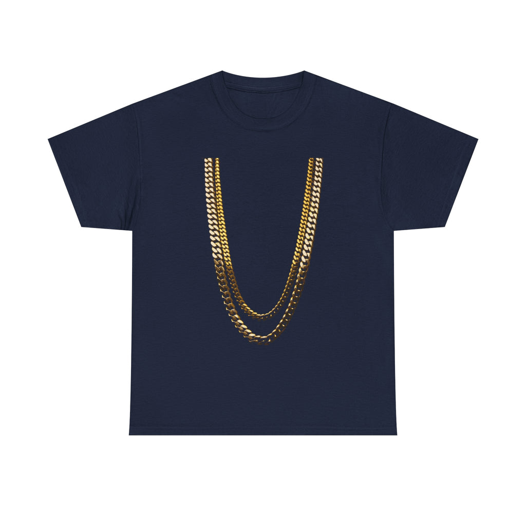 Gold Chain Graphic Tee — Black Shirt with Layered Necklace Design