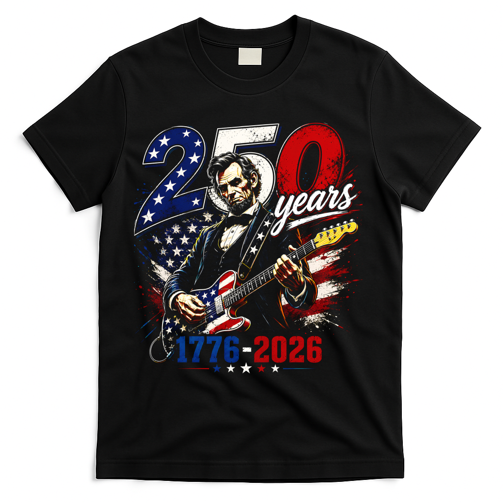 250 Years Abraham Lincoln Guitar July 4th 250th Anniversary T-Shirt - Black