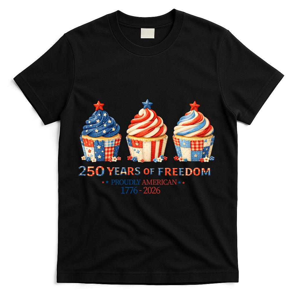 250 Years Of Freedom Proudly American 1776-2026 Cute Patriotic USA Cupcakes T-Shirt - Black