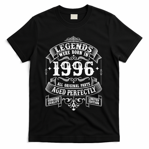 30th Birthday Vintage Scroll Border Legends Were Born Age Perfectly 1996 T-Shirt - Black