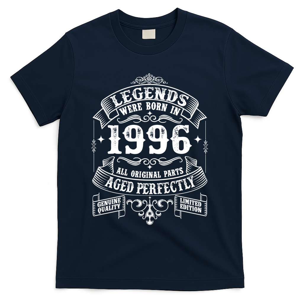 30th Birthday Vintage Scroll Border Legends Were Born Age Perfectly 1996 T-Shirt - Navy