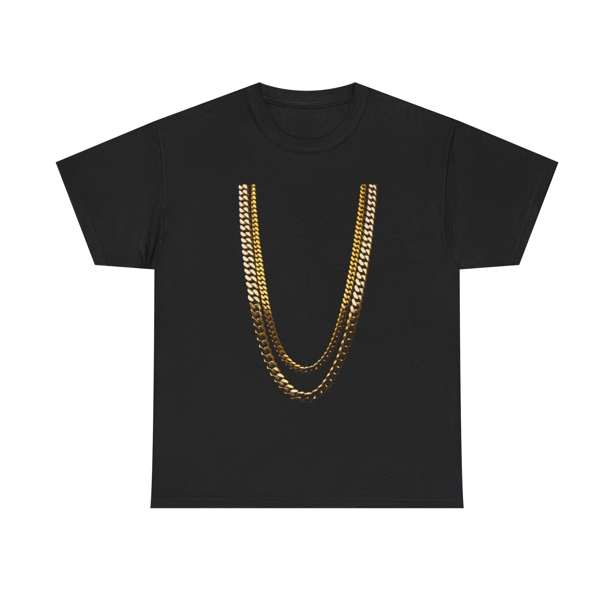 Gold Chain Graphic Tee — Black Shirt with Layered Necklace Design