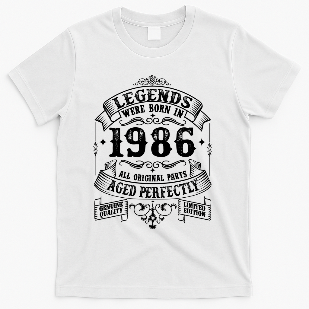 40th Birthday Vintage Scroll Border Legends Were Born Age Perfectly 1986 T-Shirt - White