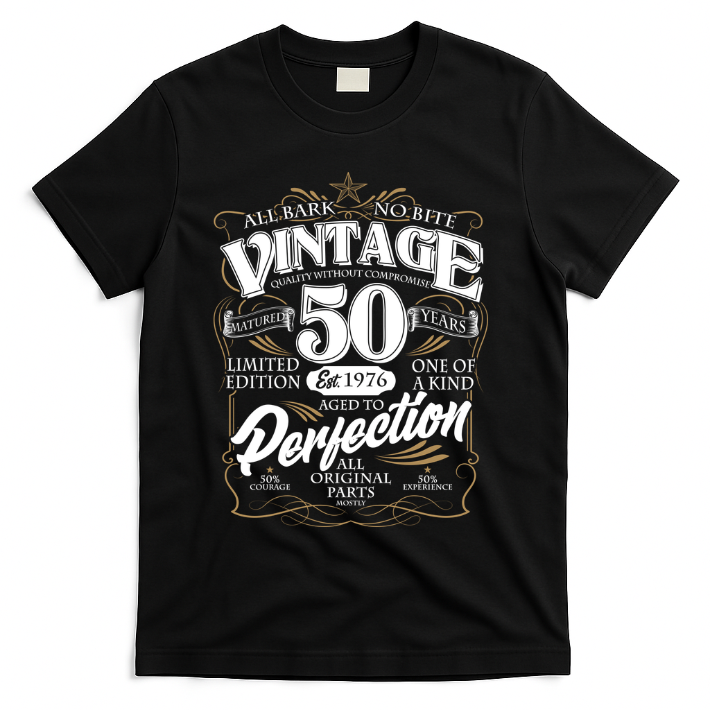 50th Birthday Est 1976 All Bark No Bite Vintage Birthday  T-Shirt - Black