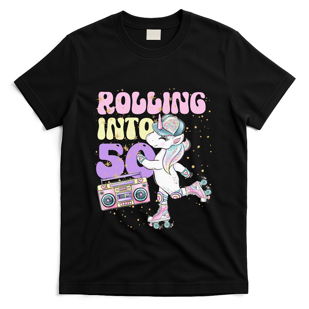 50th Birthday Roller Skate Party Unicorn Retro 90s Skating T-Shirt - Black