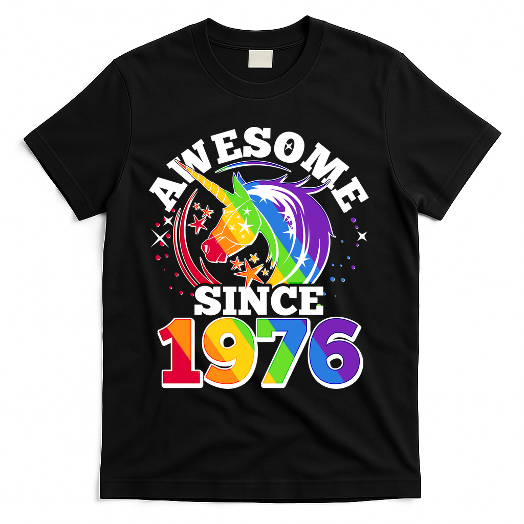 50th Birthday Rainbow Unicorn Awesome Since 1976 T-Shirt - Black