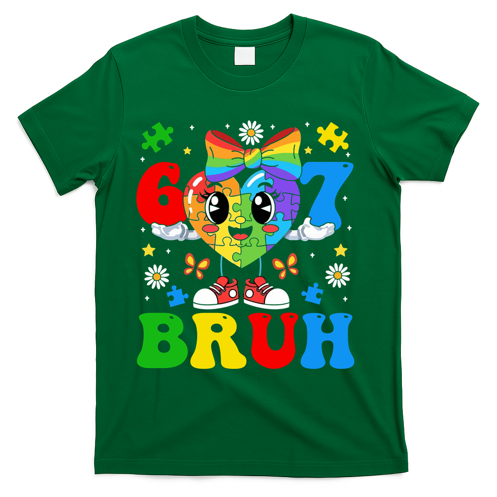 67 Bruh Puzzle Heart Autism Awareness T-Shirt - Green
