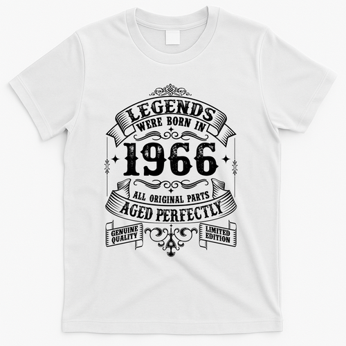 60th Birthday Vintage Scroll Border Legends Were Born Age Perfectly 1966 T-Shirt - White