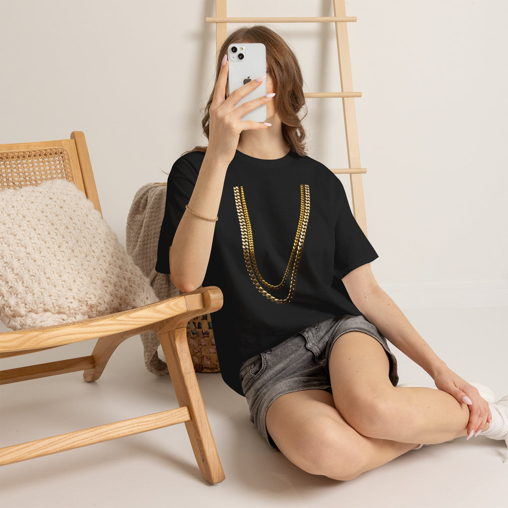 Gold Chain Graphic Tee — Black Shirt with Layered Necklace Design