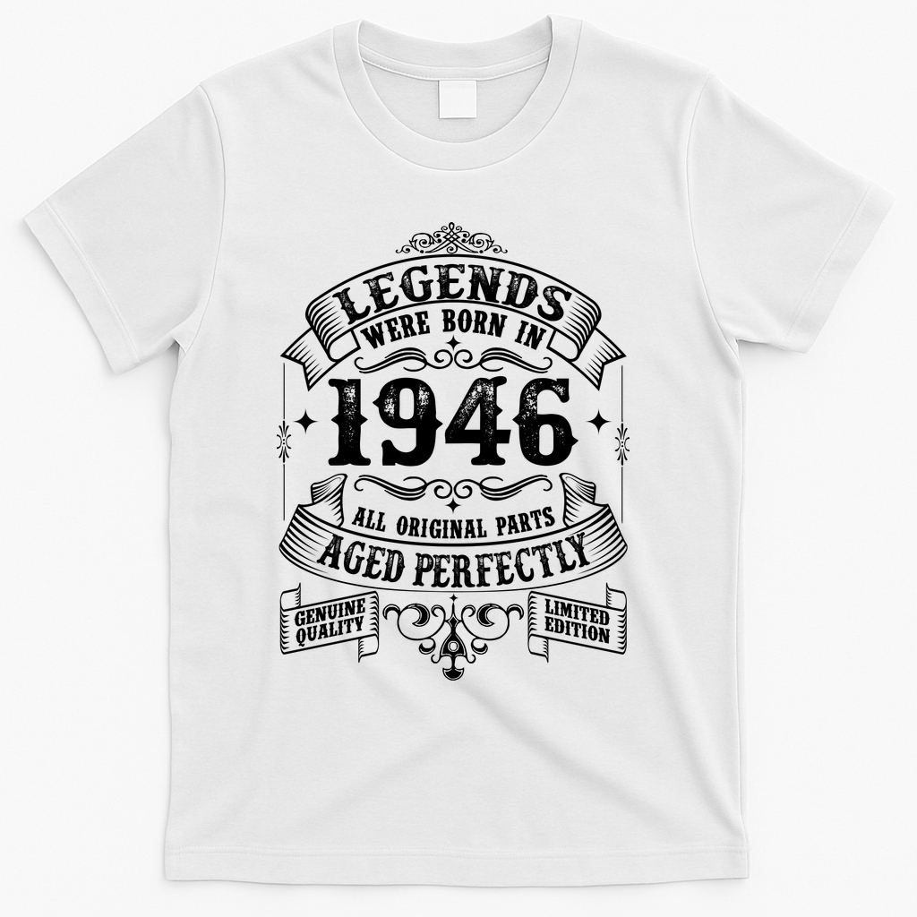 80th Birthday Vintage Scroll Border Legends Were Born Age Perfectly 1946 T-Shirt - White