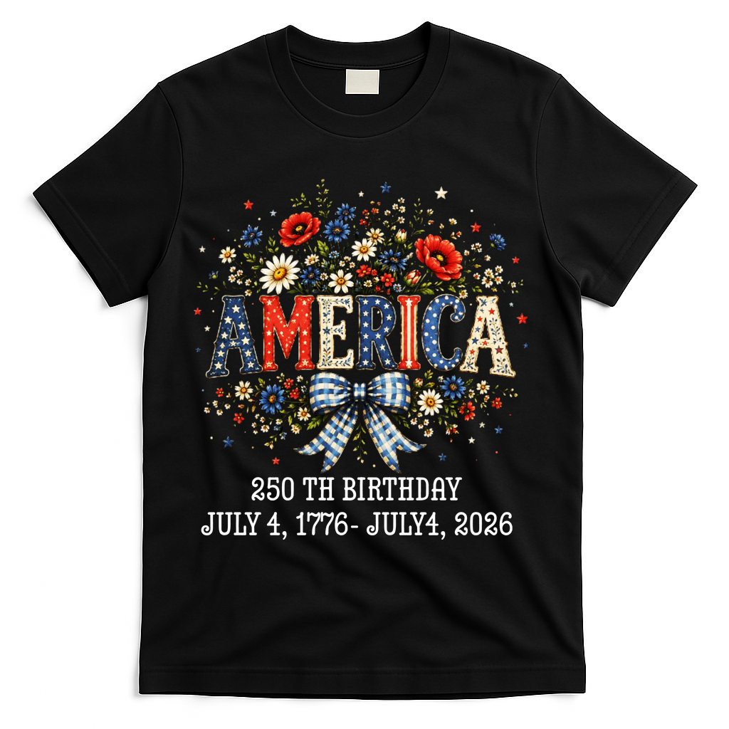 America 250th Birthday 2026 Patriotic Floral USA T-Shirt - Black