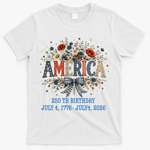 America 250th Birthday 2026 Patriotic Floral USA T-Shirt - White