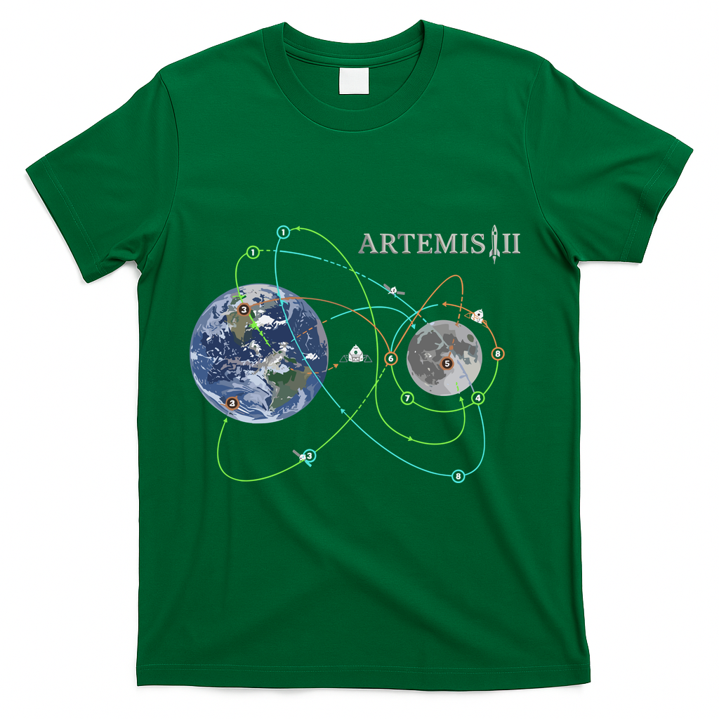 Artemis 2 Route Map SLS Moon T-Shirt - Green