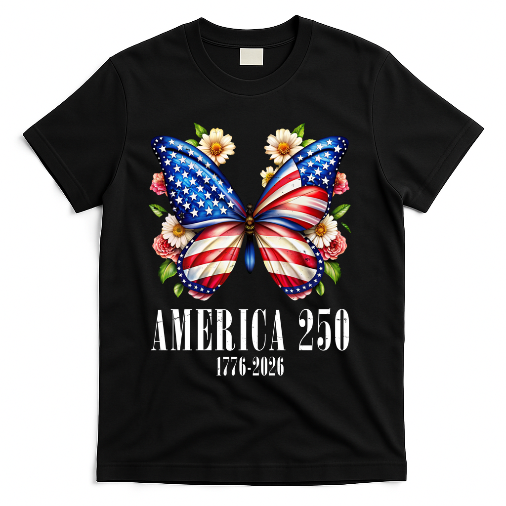 America 250 Years 1776-2026 250th Anniversary Butterfly  T-Shirt - Black