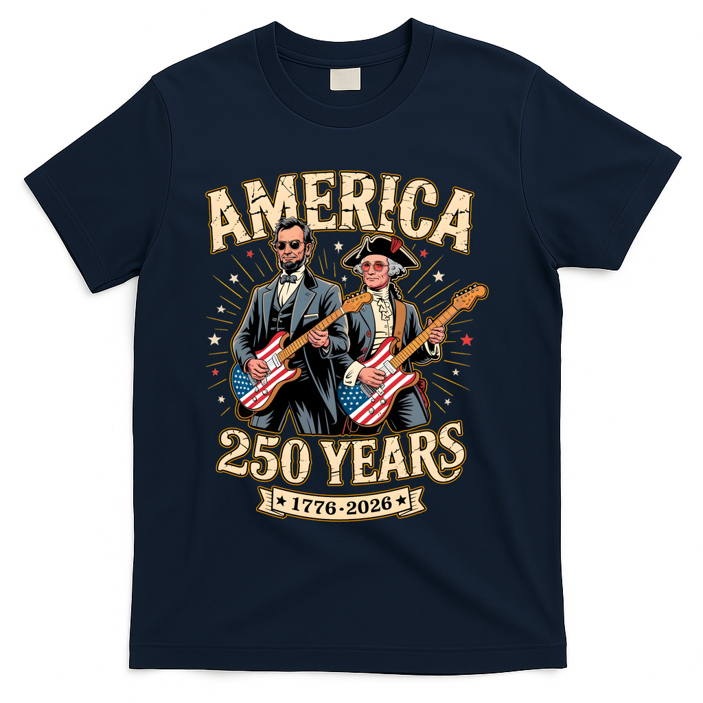 America 250 Years 1776-2026 Funny Lincoln Washington Rock And Roll T-Shirt - Navy