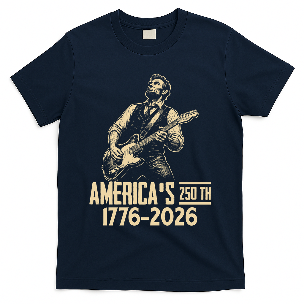 Abraham Lincoln Rcoks Guitar 4th July 250th Anniversary T-Shirt - Navy