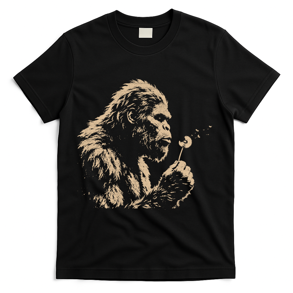 Bigfoot Blowing Wishes Funny Sasquatch Dandelion T-Shirt - Black
