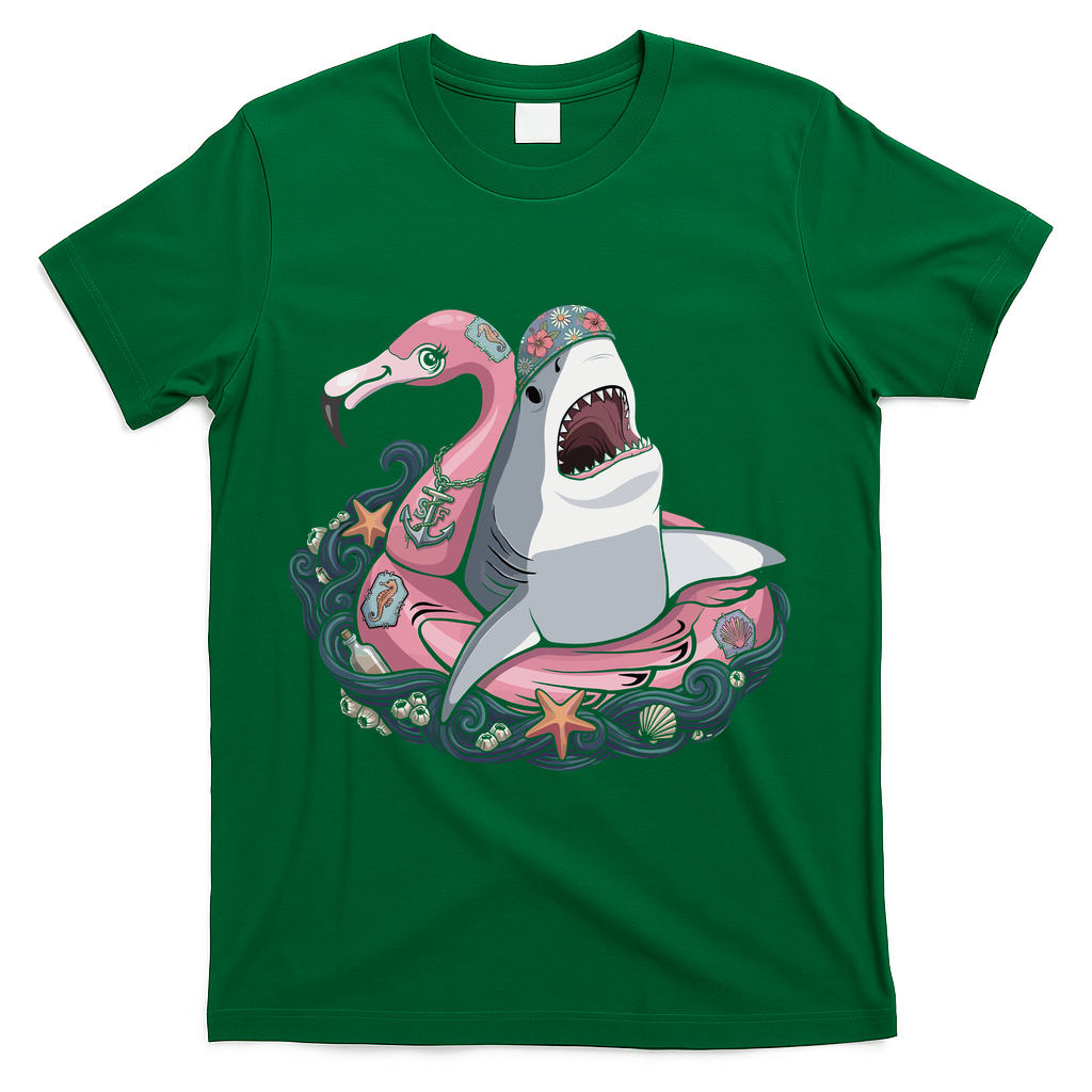 Beach Gone Wild Flamingo Shark T-Shirt - Green