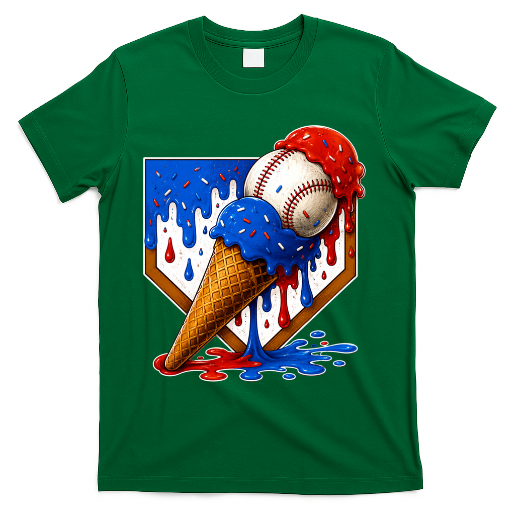 Baseball Ice Cream Drip USA 4th Of July T-Shirt - Green