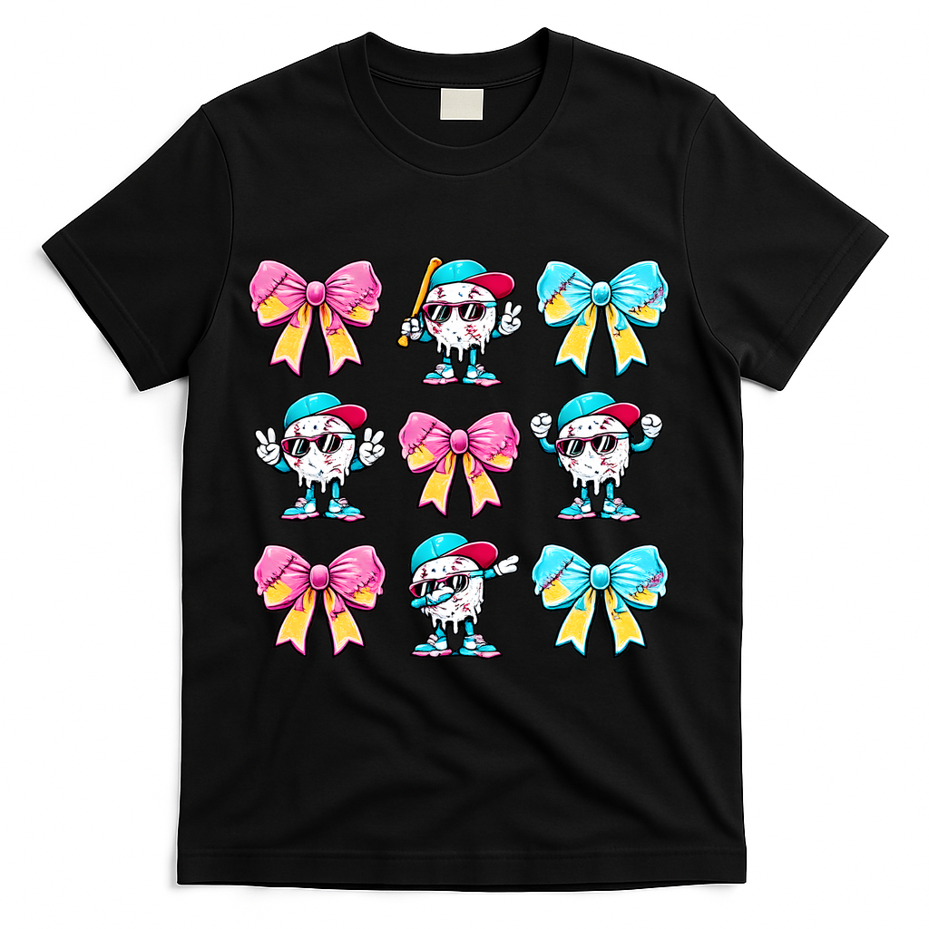 Baseball Ice Cream Drip Coquette T-Shirt - Black