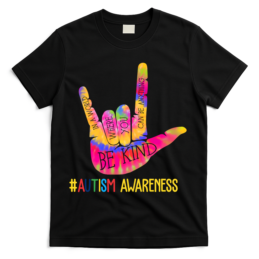 Be Kind ASL Love Sign Language Hand Autism T-Shirt - Black