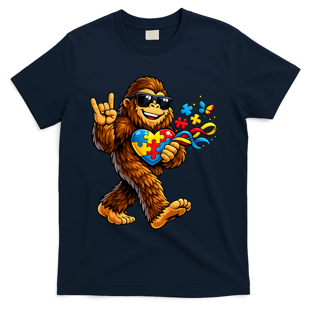 Bigfoot Rock Hand Autism Awareness Puzzle T-Shirt - Navy