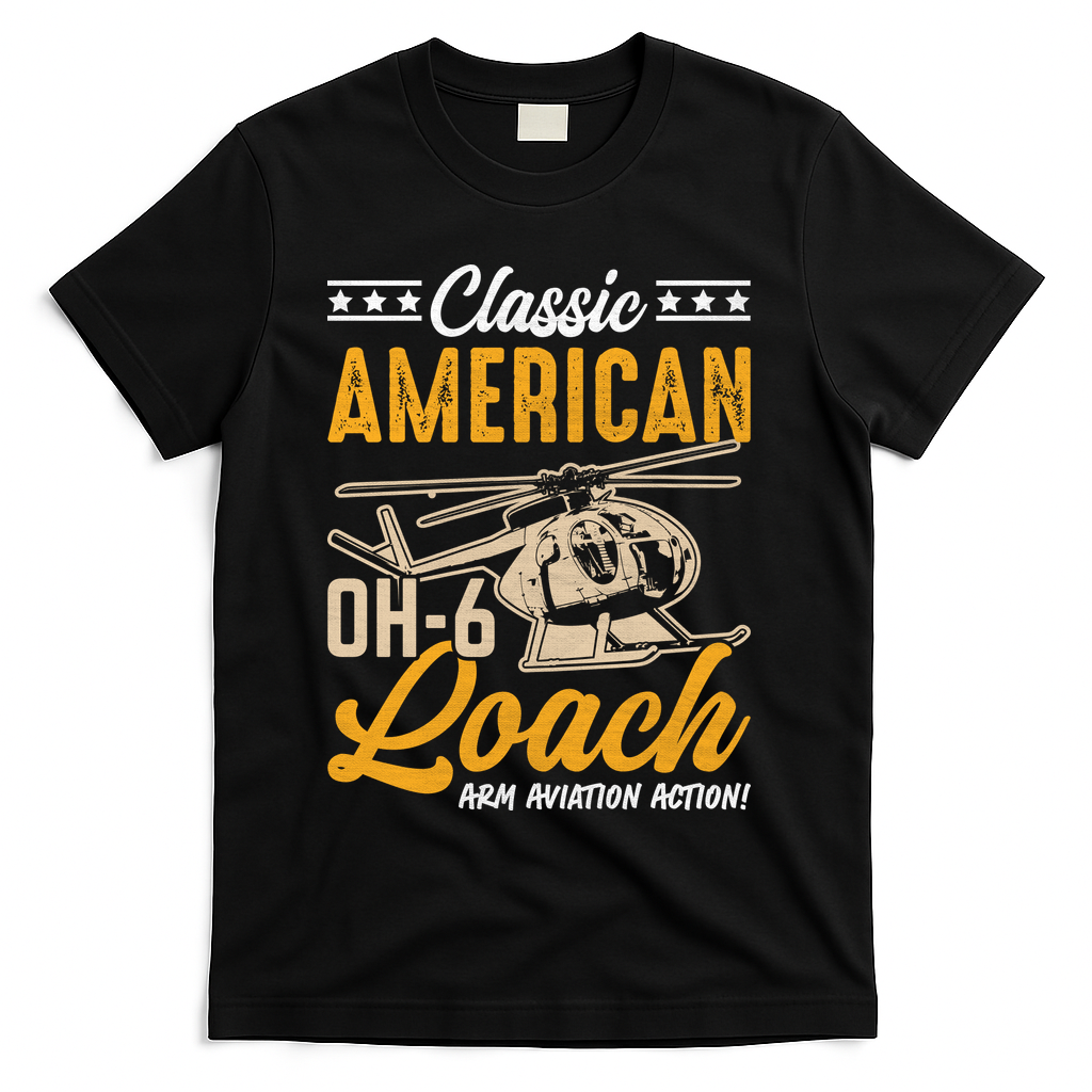Classic American Hughes OH-6 Cayuse Loach Arm Aviation Action T-Shirt - Black