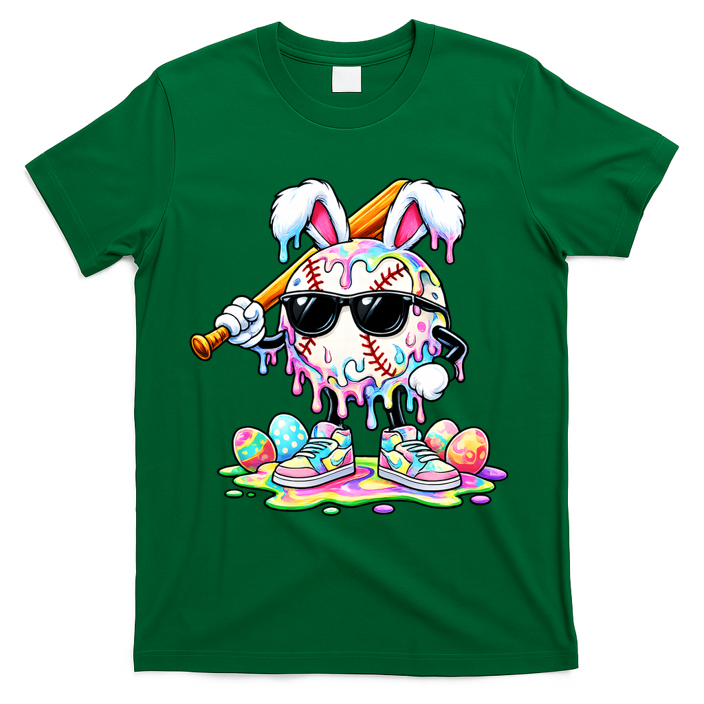 Cool Baseball Drip Bunny Rabbit Easter T-Shirt - Green