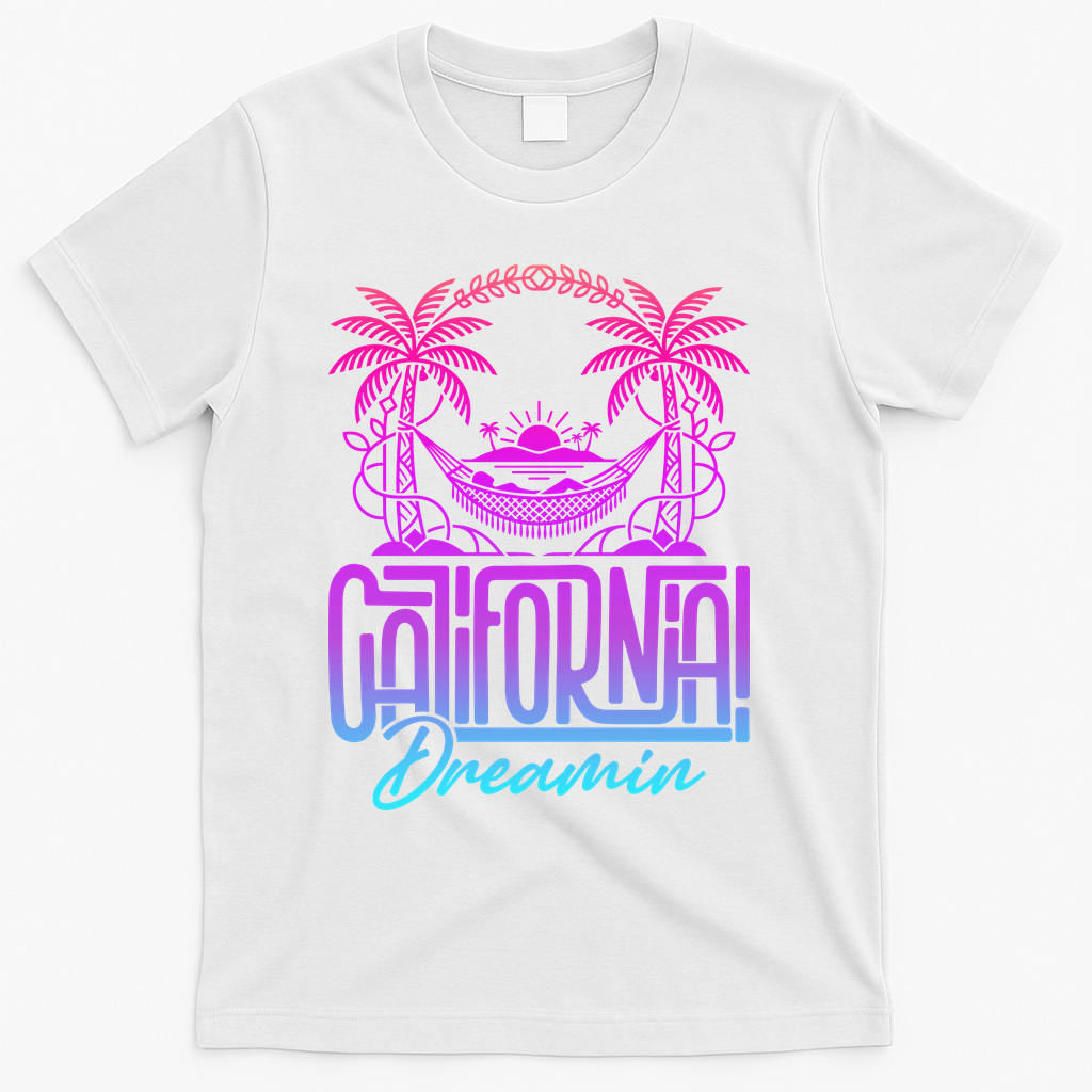 California Dreamin Colorful 1990s Retro T-Shirt - White