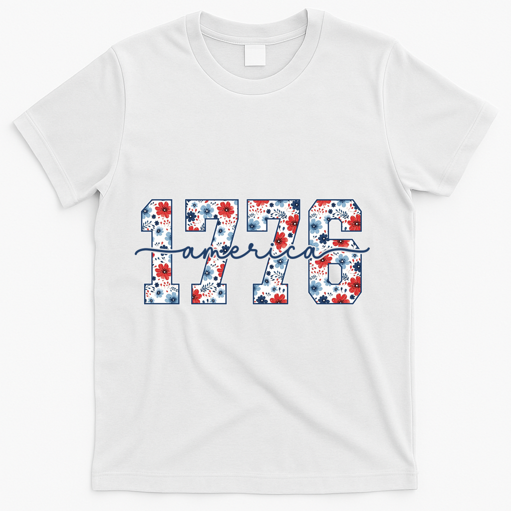 Cute Floral Flower Varsity Style 1776 America USA  T-Shirt - White