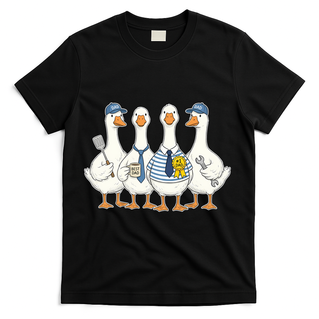 Cute Funny Father's Day Goose Group T-Shirt - Black
