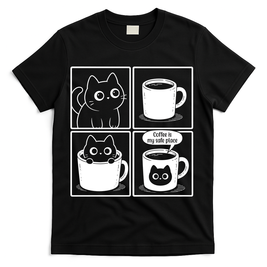 Coffee Is My Safe Place Cat Meme T-Shirt - Black