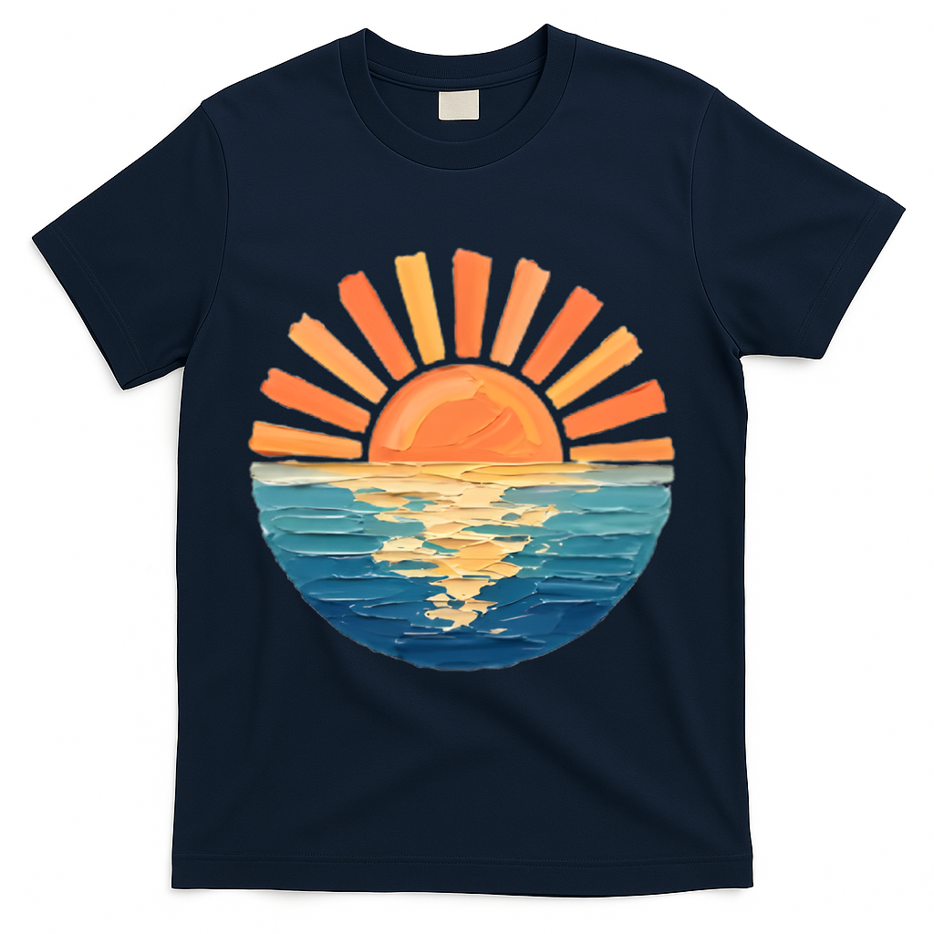 Coastal Ocean Sunset Painting Beach T-Shirt - Navy