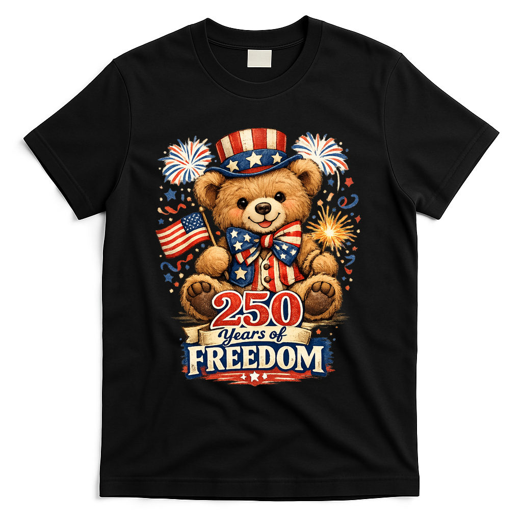 Cute Patriotic Teddy Bear 250 Years Of Freedom 250th Anniversary Of America USA T-Shirt - Black