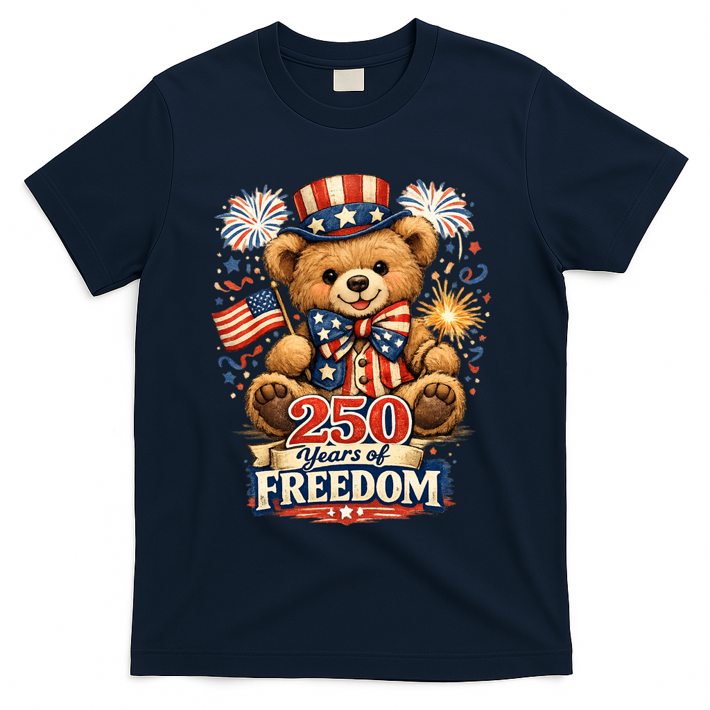 Cute Patriotic Teddy Bear 250 Years Of Freedom 250th Anniversary Of America USA T-Shirt - Navy