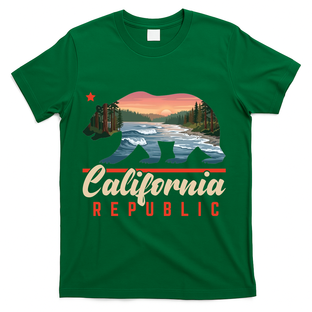 California Republic Bear Cali West Coast Beach Sunset T-Shirt - Green