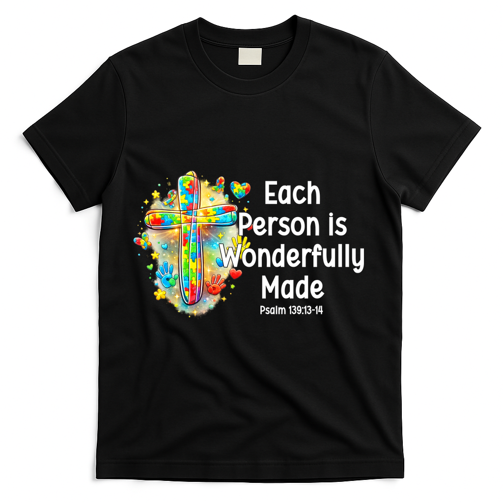 Each Person Is Wonderfully Made Christian Autism T-Shirt - Black