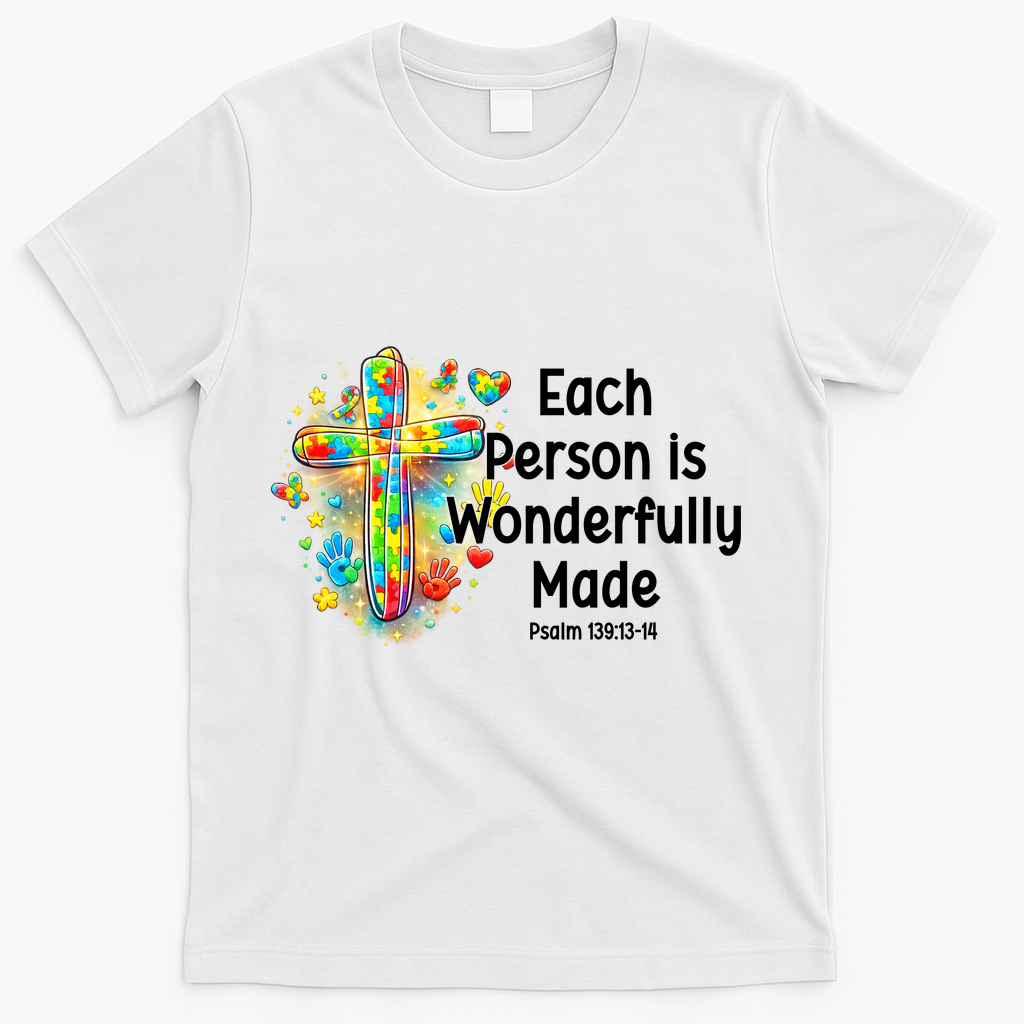 Each Person Is Wonderfully Made Christian Autism T-Shirt - White