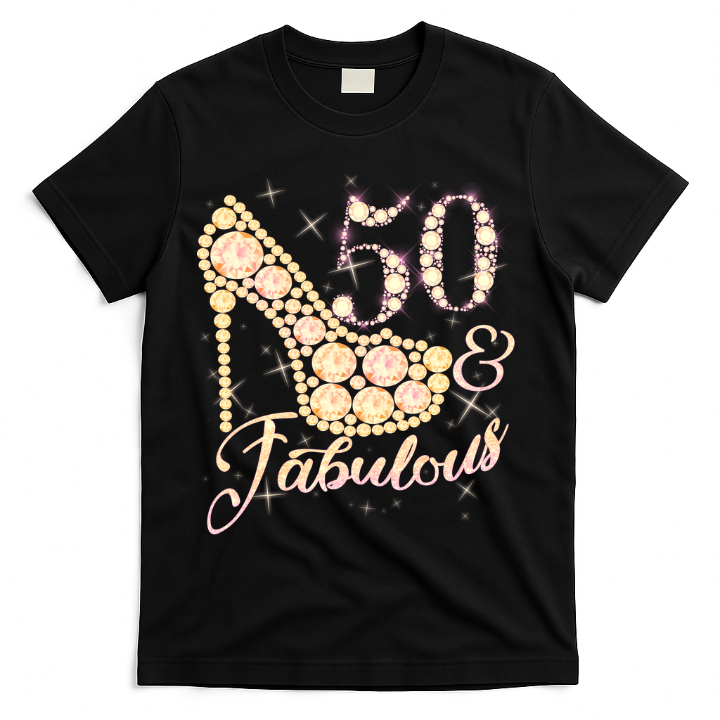 Fabulous & 50 Sparkly Heel 50th Birthday T-Shirt - Black