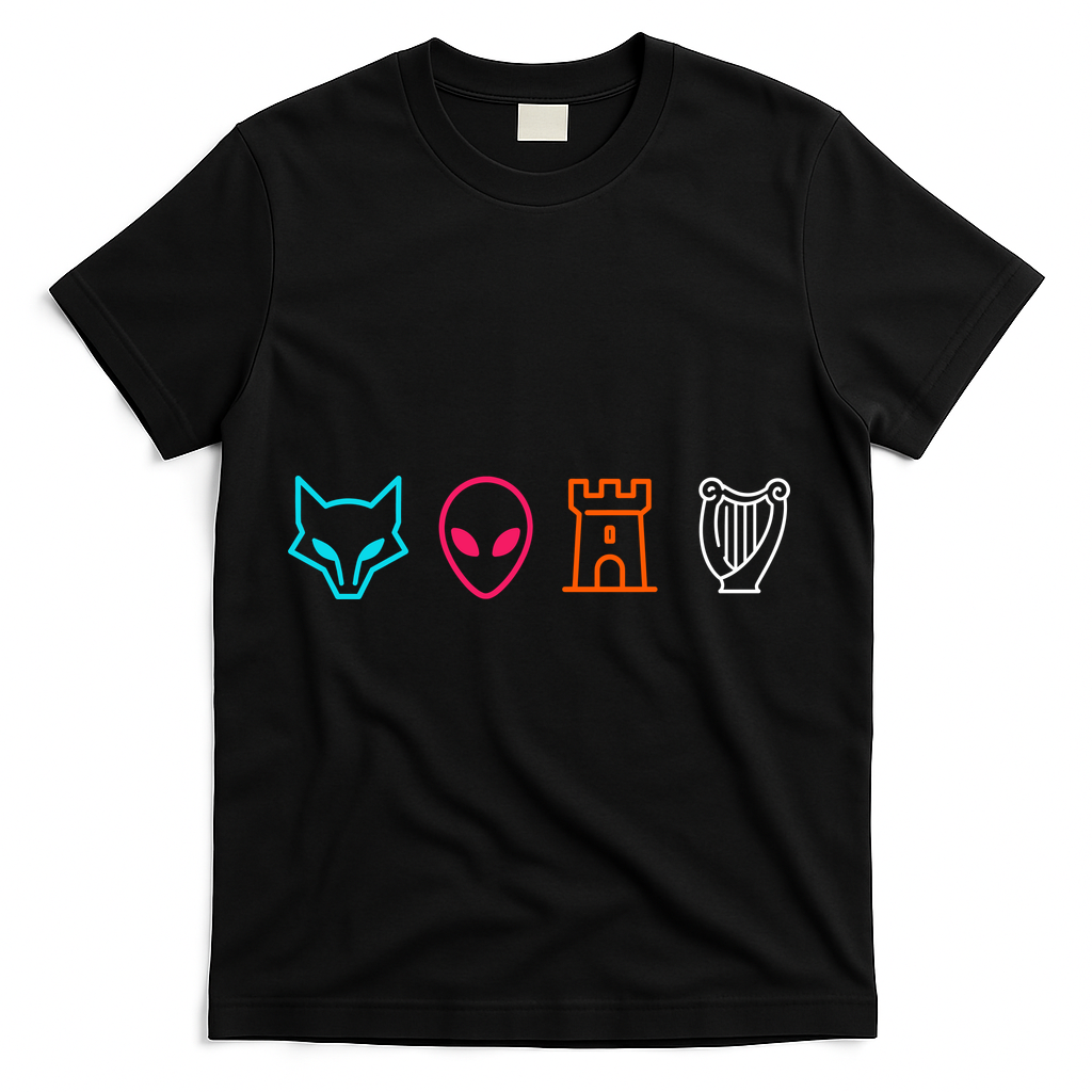Fox Alien Castle Harp Mystic Icons Emblem T-Shirt - Black