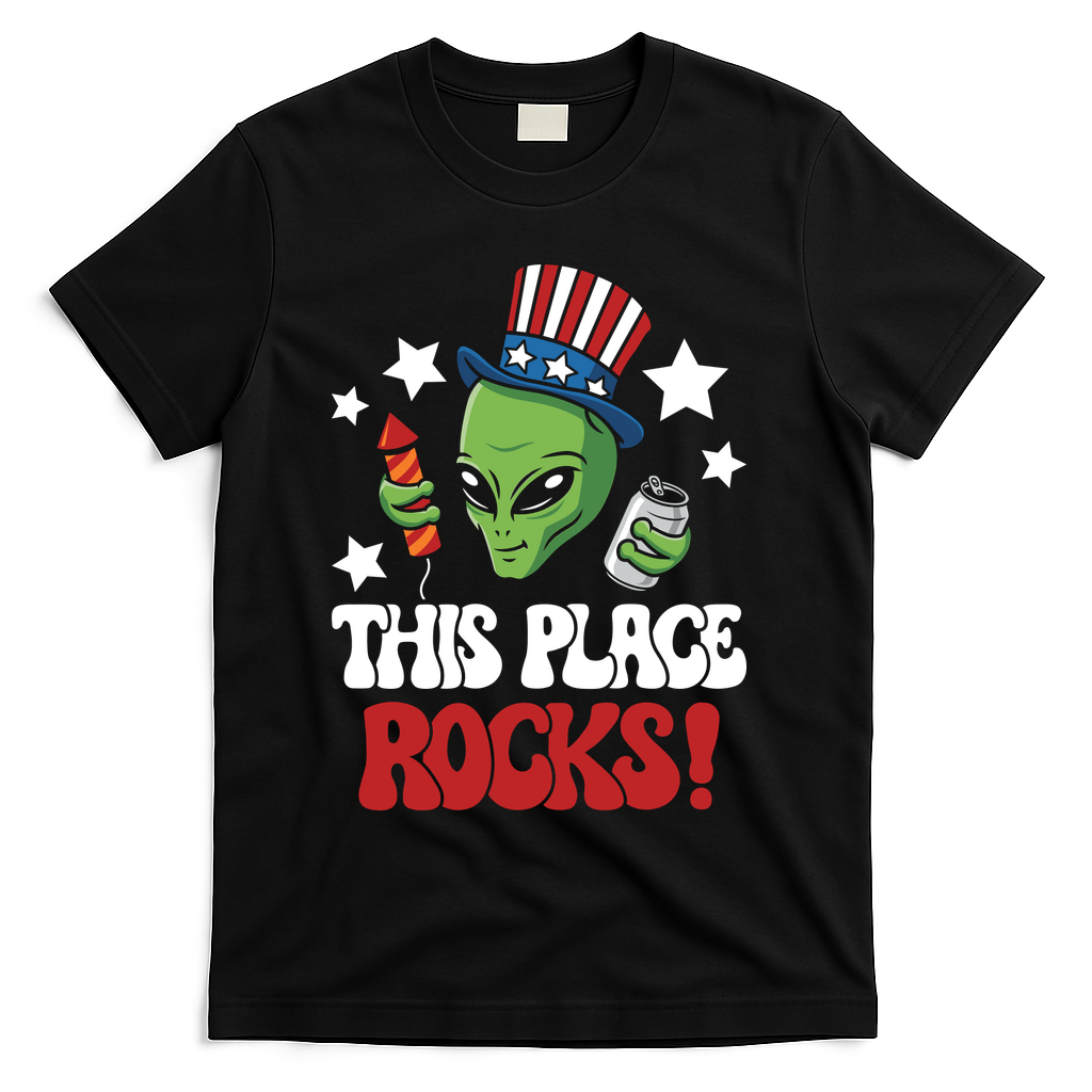 Funny Alien Uncle Sam Rocks Fireworks Party Gift T-Shirt - Black