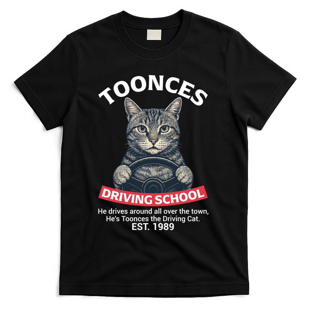 Funny Cat Driving School Graphic with Kitten Steering T-Shirt - Black