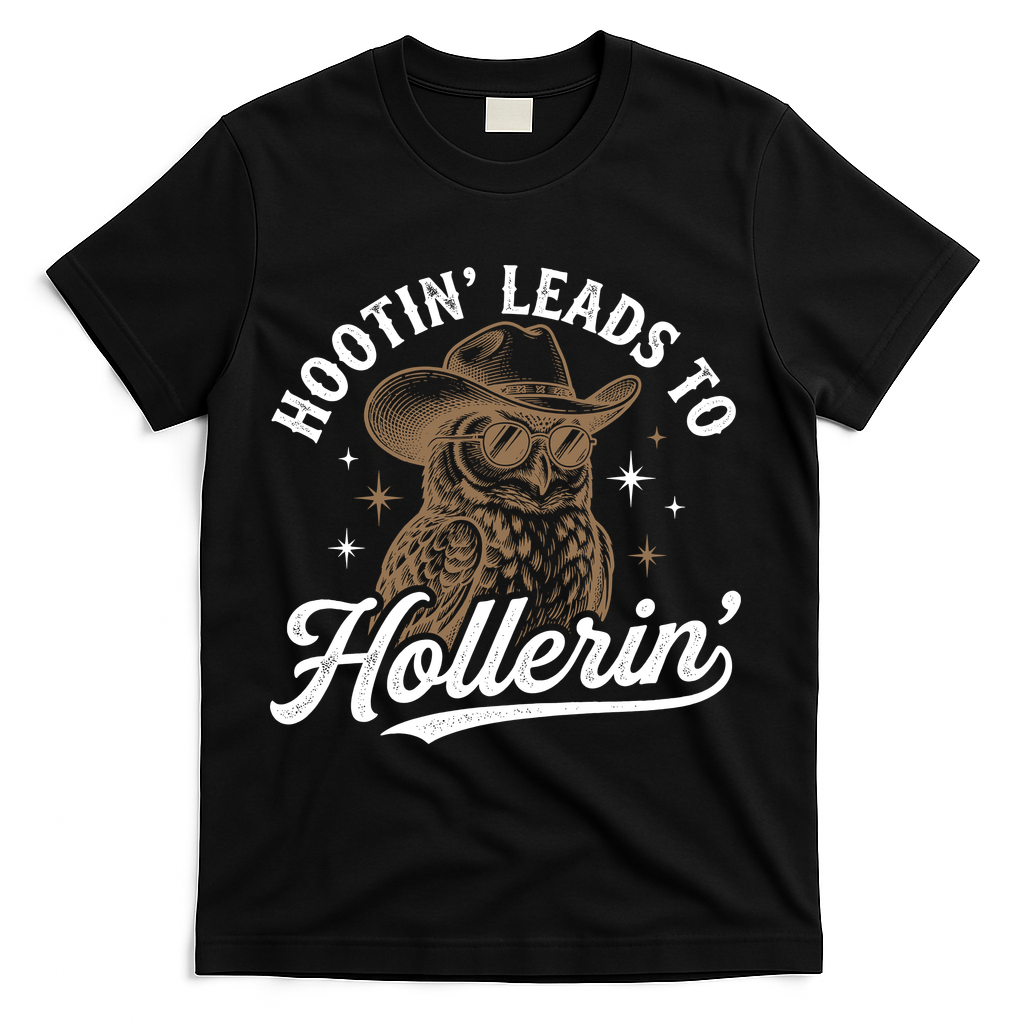 Funny Cowboy Owl Hootin Leads To Hollerin T-Shirt - Black