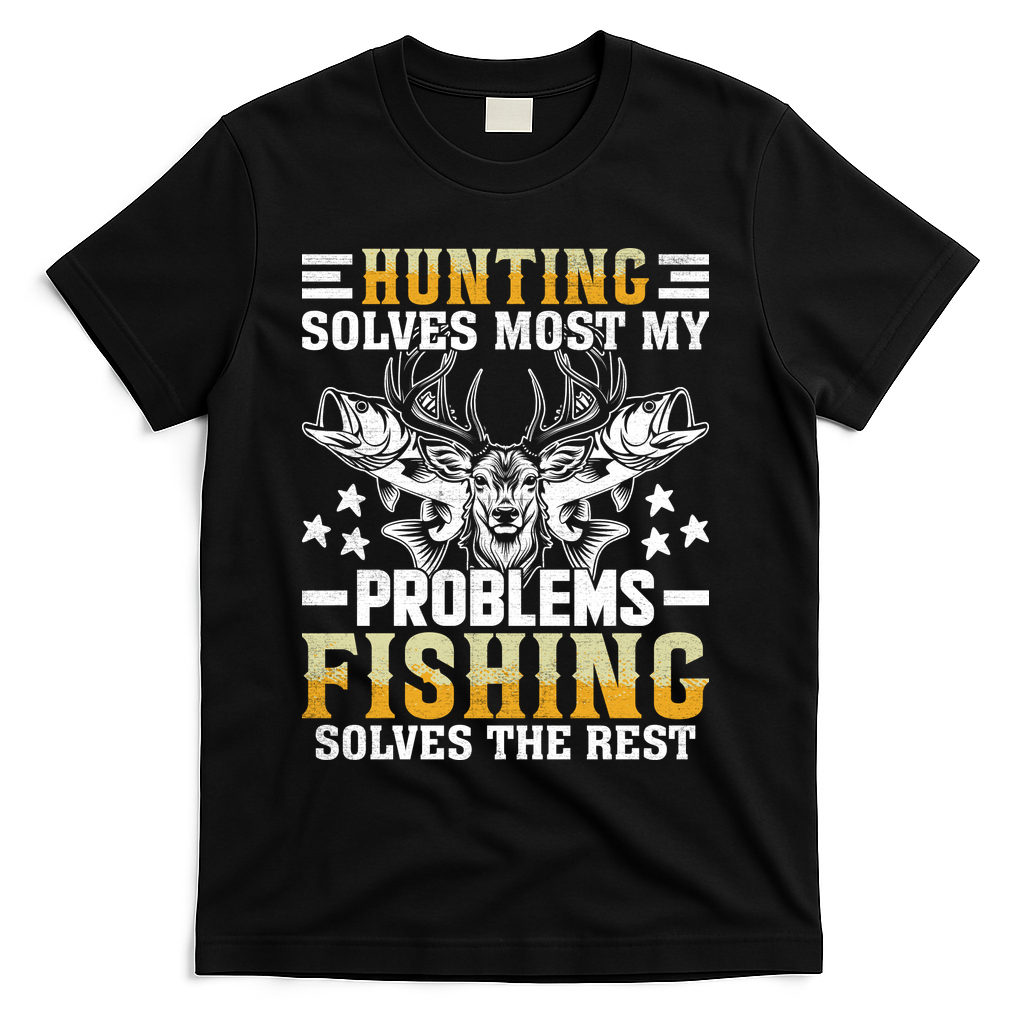 Funny Hunting And Fishing Solved Problems T-Shirt - Black