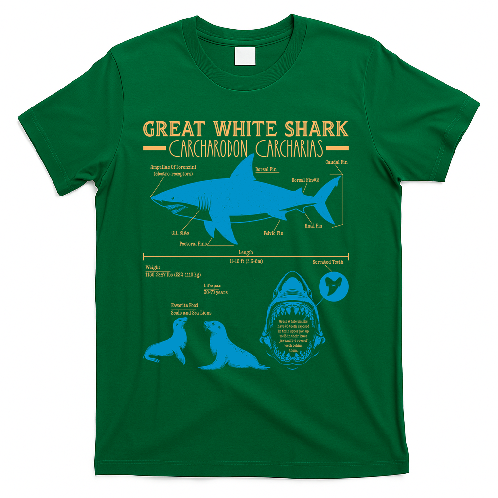 Great White Shark Carcharodon Carcharias Infographic T-Shirt - Green