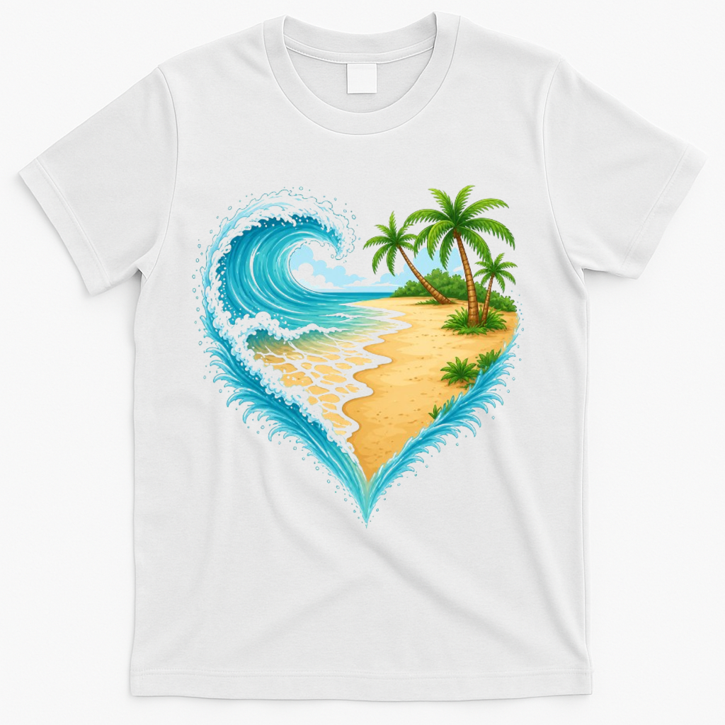 Heart-Shaped Ocean Beach Palm Tree Vacation T-Shirt - White